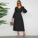 Women Date Dress Autumn and Winter V-neck Bubble Long Sleeve Dress