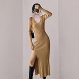 Women Maxi Dress Autumn and Winter V-neck Long Sleeve Slim Knit Dress