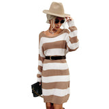 Women Knitted Sweater Autumn and Winter Striped Pullover Woolen Skirt