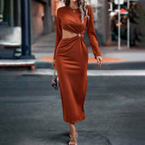 Women Dress Casual Hollow-out Long-Sleeved Knitted Dress Sheath Dress