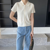 Women Knitted T-shirt Knitted Cardigan Jacket Slim Fit Short Sleeve Polo Collar Top
