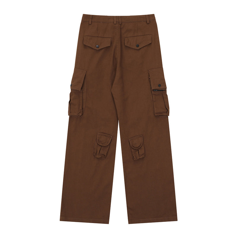 Men Sweatpants Multi-Pocket Cargo Pants Loose Casual Slit Straight Wide Leg Pants