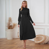 Women Date Dress Stand Collar Long Sleeve Skirt