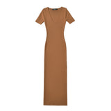Women Dresses Summer New U Collar Half Sleeve Slit Knitted Dress (Xds0414)