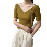 Women Knitted T-shirt V-neck Short-Sleeved Sweater Slim T-shirt