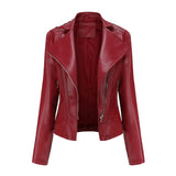 Red Leather Jacket Beaded Leather Women's Long Sleeve Lapel Motorcycle Clothing