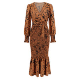 Women Date Dress Long Dress Leopard Print V-neck Belt Printed Fishtail Skirt