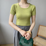 Women Knitted T-shirt Autumn Knitted Short Sleeve Retro Slim T-shirt