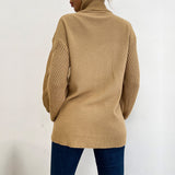 Women Knitted Sweater Turtleneck Solid Color Long Sleeve Twist Mid-Length Sweater