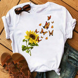 Maycaur Women's T-shirt Casual Kawaii Sunflower Butterfly