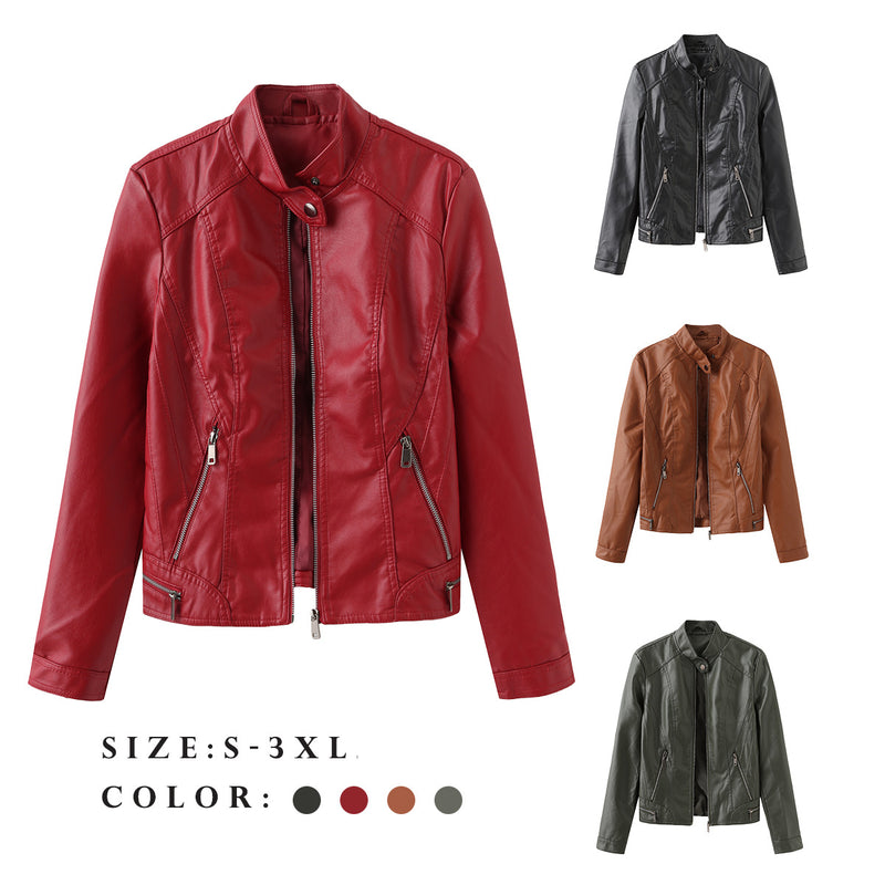 Red Leather Jacket Casual Leather Jacket Spring and Autumn Women's Leather Jacket Long Sleeve Zipped Stand Collar Coat