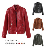 Red Leather Jacket Casual Leather Jacket Spring and Autumn Women's Leather Jacket Long Sleeve Zipped Stand Collar Coat