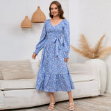 Women Date Dress V-neck Floral Skirt Dress
