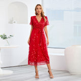 Women Date Dress Slim Fit Embroidered Leaves Sequin Gauze Dress Skirt