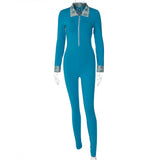 Women Jumpsuit Spring Lapel Zipper Slim Fit Long Sleeve Jumpsuit