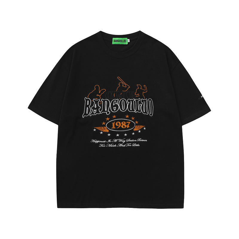 Men T Shirt Retro Alphabet Embroidered Distressed Short Sleeve T-shirt