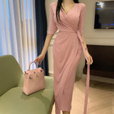 Women Dresses V-neck Lace-up Bowknot Half Sleeve Dress