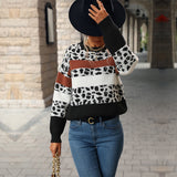 Women Knitted Sweater Casual Leopard Print Long Sleeve Sweater