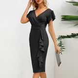 Women Date Dress round Neck Pleated Lace Dress