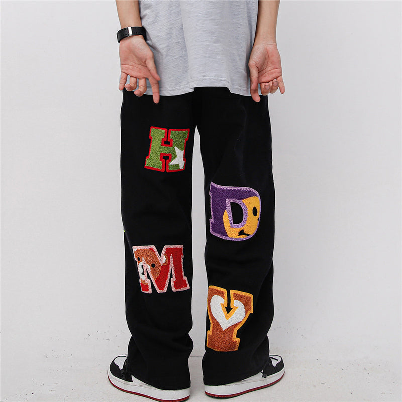 Men Sweatpants Towel Embroidery Letter Printing Casual Sweatpants Baggy Straight Trousers