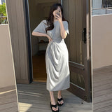 Women Dresses Short Sleeve Button Pleated Dress Loose Long Dress