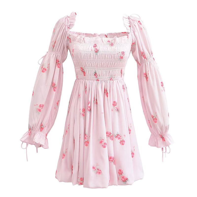 Women Dresses Summer Vacation Peony Printed Puff Sleeve Bow Dress (Xds0414)