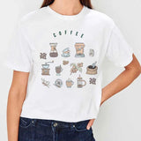Female Coffee Icons Print T Shirt Summer Casual O-neck Loose