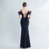 Harlem Nights Outfits Velvet High-Density Sequined Fishtail Evening Dress