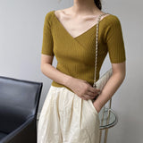 Women Knitted T-shirt V-neck Short-Sleeved Sweater Slim T-shirt