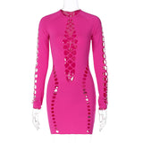 Women Dresses Sexy Hollow Long-Sleeved O-neck Short Dress