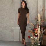 Women Dresses Winter Crew Neck Slim Back Lace-up Long Sleeve Dress