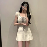 Women Dresses U-Neck Creamy-white Knitted Dress Skirt