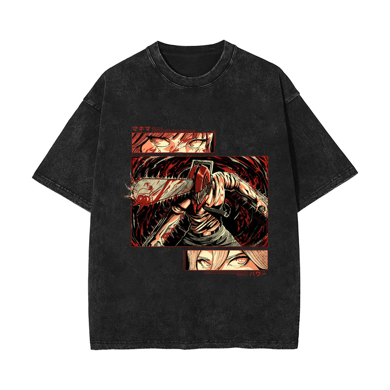 Summer chainsaw man, washed old retro cotton short-sleeved T-shirt