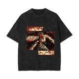 Summer chainsaw man, washed old retro cotton short-sleeved T-shirt