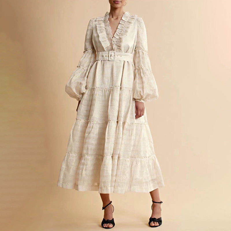 Women Dresses Spring V-neck Dress Long Sleeve Dress (Qymy0409)