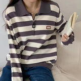 Women Knitwear Autumn and Winter Striped Zipper and Lapel Knitwear Style Sweater