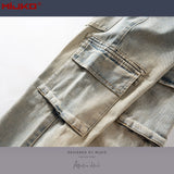MIJKO Men Vintage Pants Multi-pocket Straight Jeans With Belt