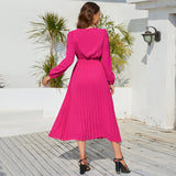 Women Date Dress Autumn and Winter V-neck Lace Pleated Lace-up Long Dress
