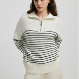 Women Knitted Sweater Autumn and Winter Turtleneck Striped Color Matching Long Sleeve Zipper Pullover Knitted Sweater