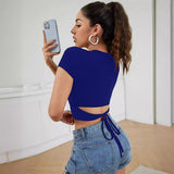 Women T-shirt round Neck Top Back Tied High Waist T-shirt Summer Top