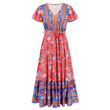 Women Date Dress Summer V-neck Ruffle Vintage Floral Beach Dress