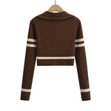Women Sweater Knitwear Vintage Stripe Short Knitwear Autumn V Lapel Long Sleeves Cropped Top