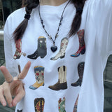 Boot Western T-Shirt Women Summer Loose Vintage Boho Texas