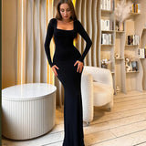 Women Dresses Winter Slim Fit Backless Lace-up U-Neck Long-Sleeved Dress