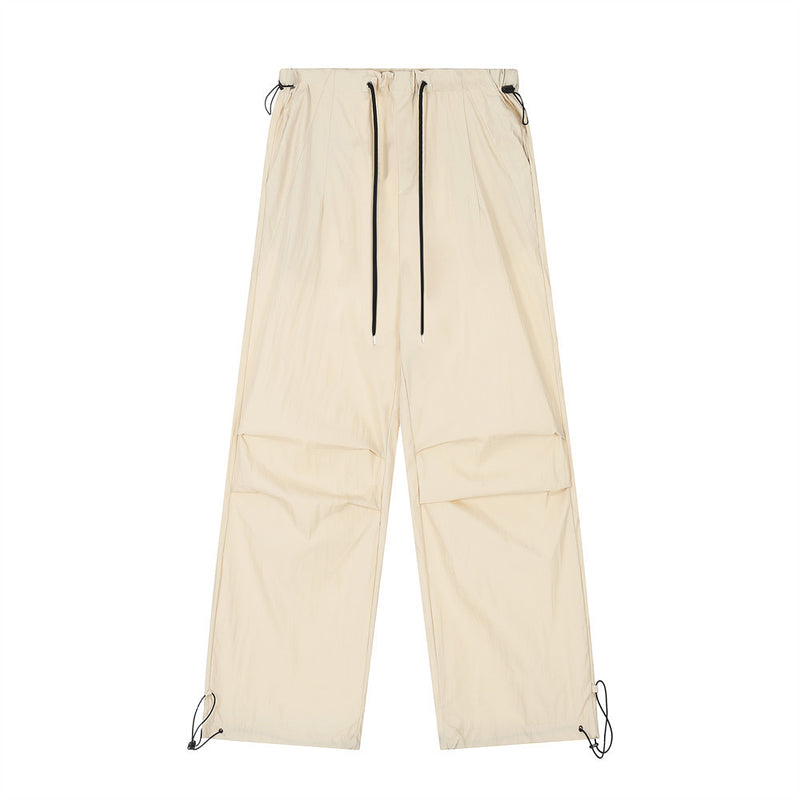 Men Sweatpants Pleated Casual Straight-Leg Overalls Men's Loose Solid Color Thin Sports Drawstring Ankle-Tied Trousers
