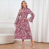 Women Date Dress Long Sleeve Dress Autumn and Winter Stand Collar Leopard Print Printed Dress Long Dress
