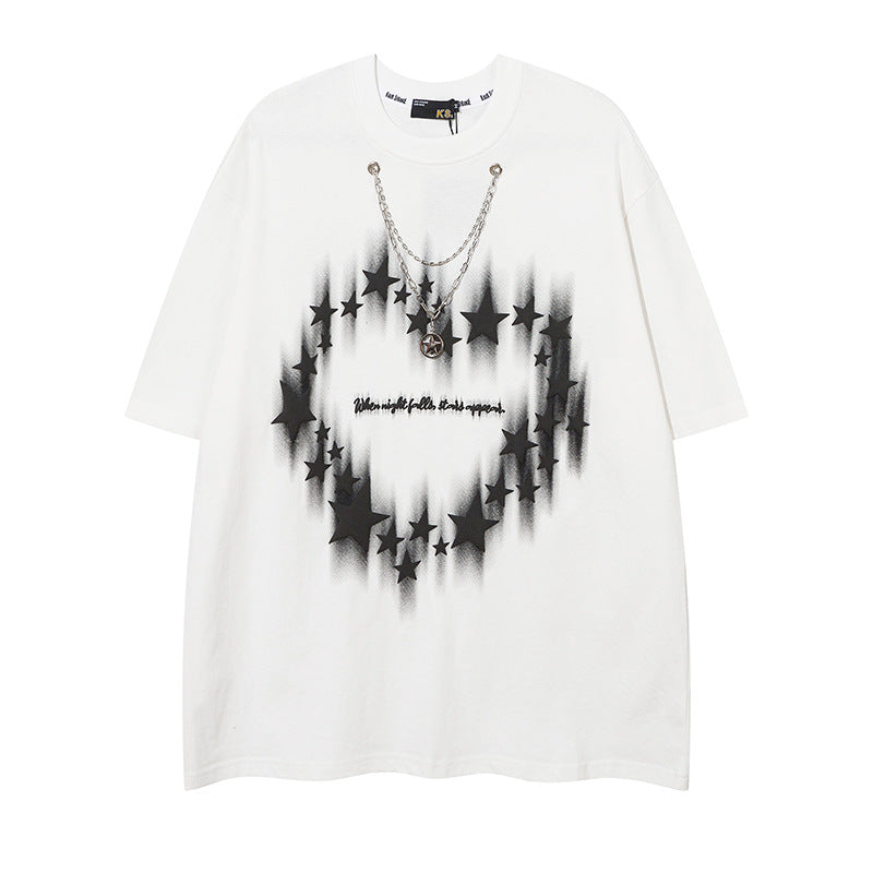 Men T Shirt Hip Hop Heart Graffiti Necklace Short Sleeve T-shirt