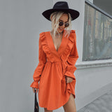 Women Dress Spring and Summer Long Sleeves V-neck Dress