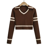 Women Sweater Knitwear Vintage Stripe Short Knitwear Autumn V Lapel Long Sleeves Cropped Top