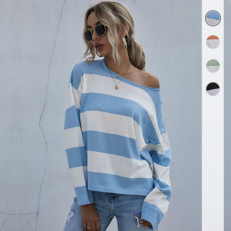 Women Knitted Sweater Autumn Loose round Neck Long Sleeve Knitted Striped Sweater